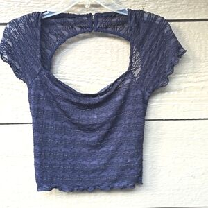 Free People Addie black stretch lace crop Keyhole back cap sleeve top small S